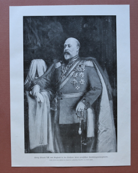 Kunst Druck England 1909 Emil Fuchs König Eduard VII in Uniform seines preußischen Gardedragonerregiments